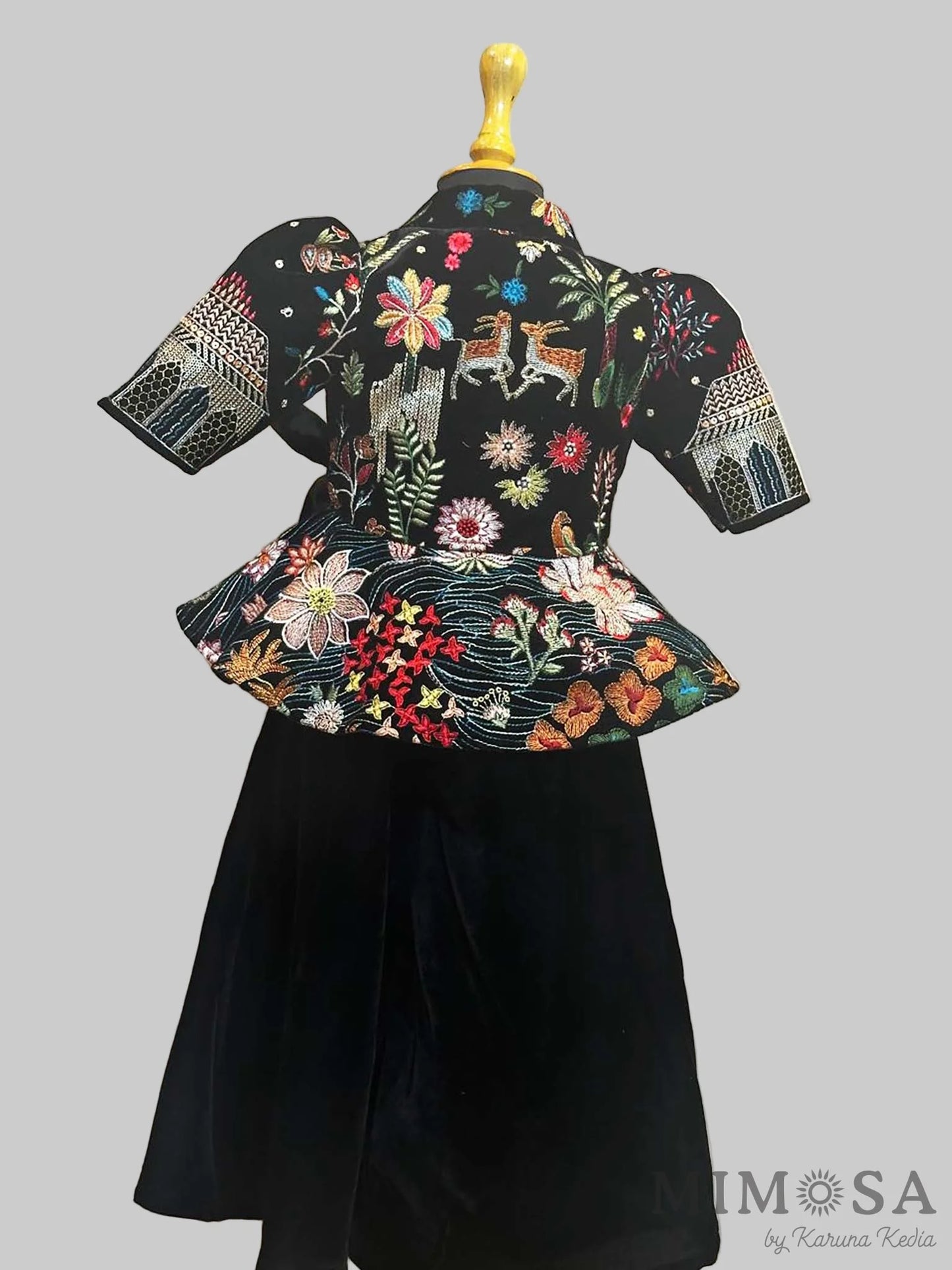 Velvet coord set with funky embroidered jacket paired with velvet palazzos