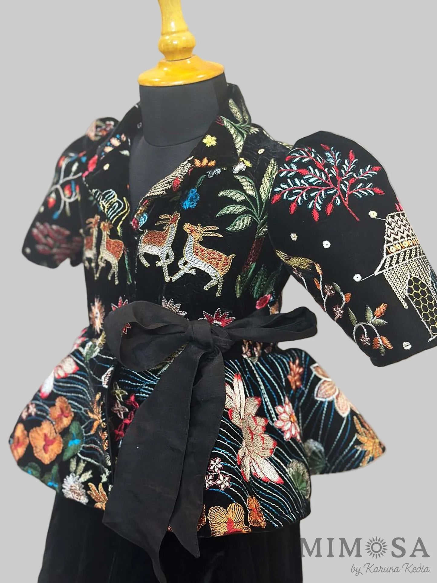 Velvet coord set with funky embroidered jacket paired with velvet palazzos