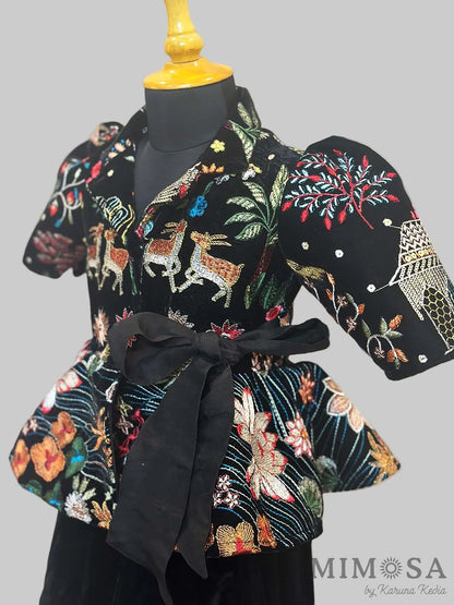 Velvet coord set with funky embroidered jacket paired with velvet palazzos