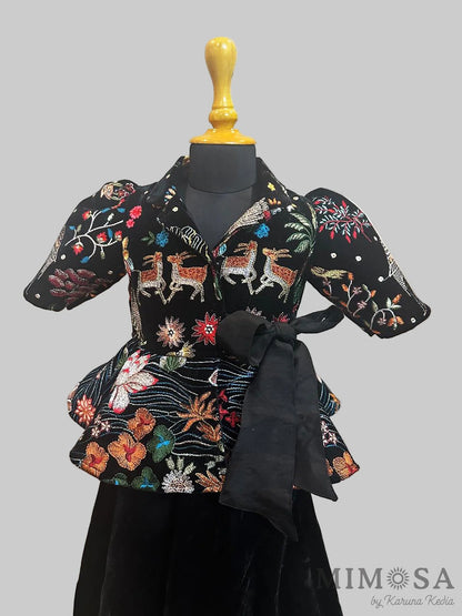 Velvet coord set with funky embroidered jacket paired with velvet palazzos