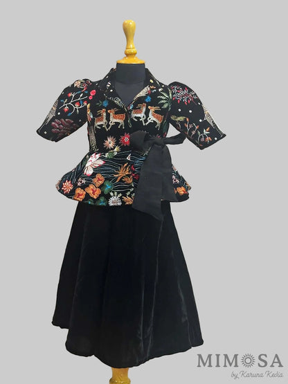 Velvet coord set with funky embroidered jacket paired with velvet palazzos