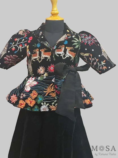 Velvet coord set with funky embroidered jacket paired with velvet palazzos