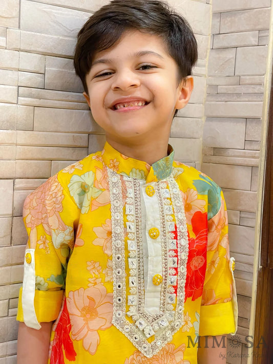 Vibrant floral print lined Kurta with Mirror Work borders comes with bottoms also has roll up sleeves