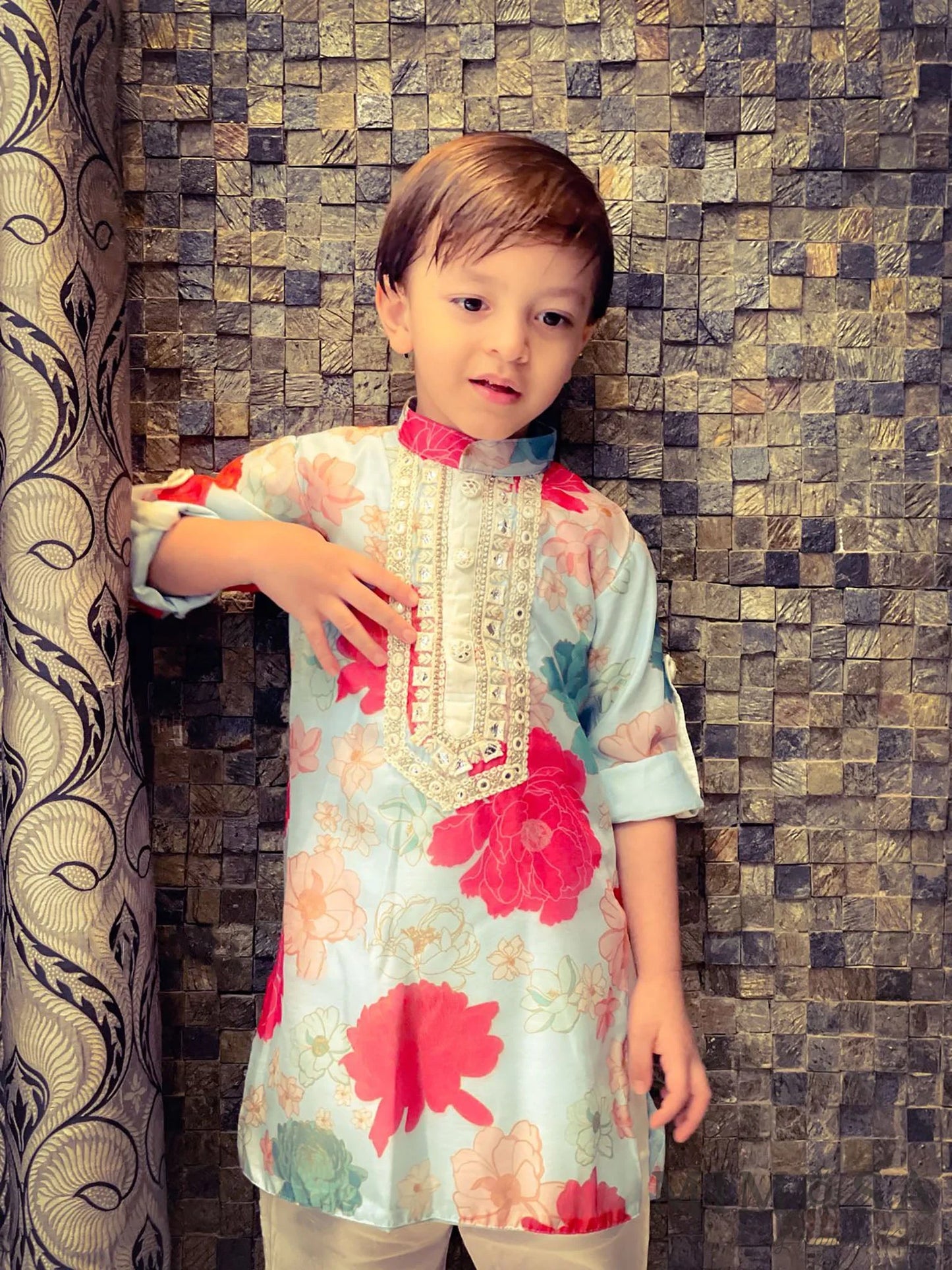 Vibrant floral print lined Kurta with Mirror Work borders comes with bottoms also has roll up sleeves