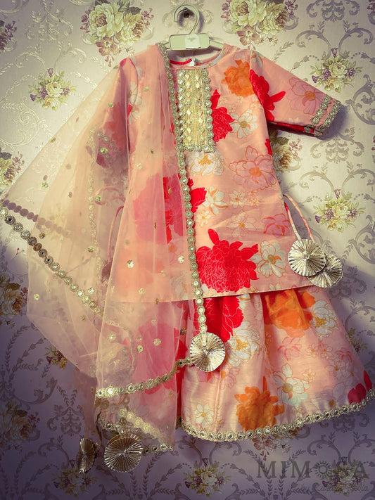 Vibrant floral print Sharara set with gota work and tassels comes with a net stole