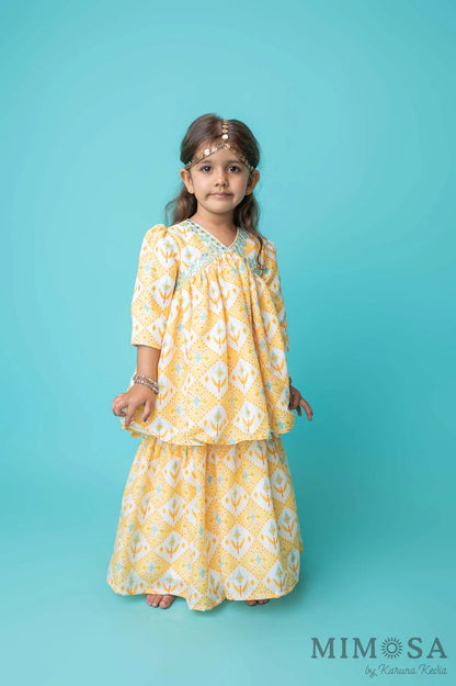 Yellow Ikat sharara set with mirror work detailing