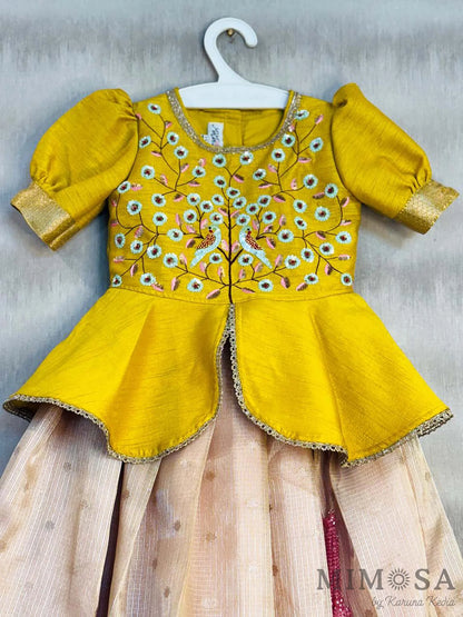 Zari Kota tissue Lehnga with Bambar silk peplum top with handwork and lined with cotton silk