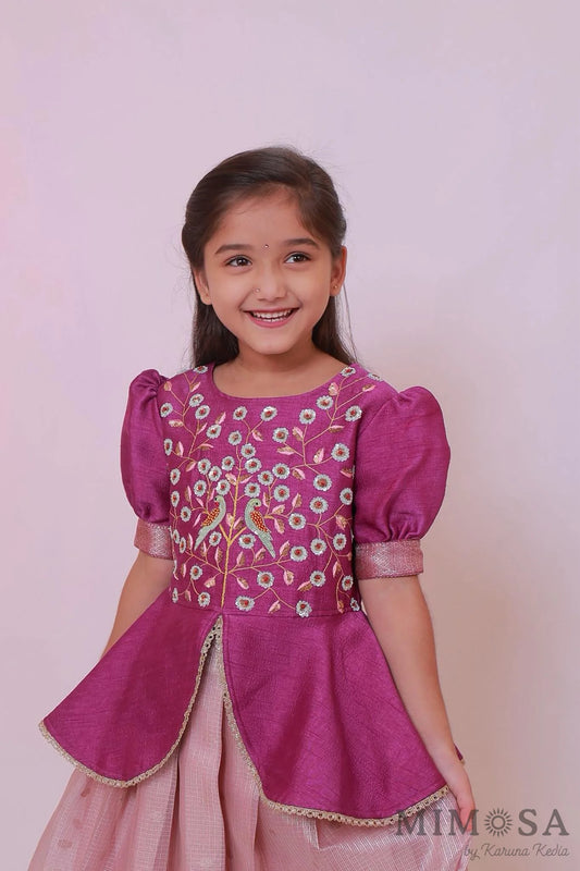 Zari Kota tissue Lehnga with Bambar silk peplum top with handwork and lined with cotton silk