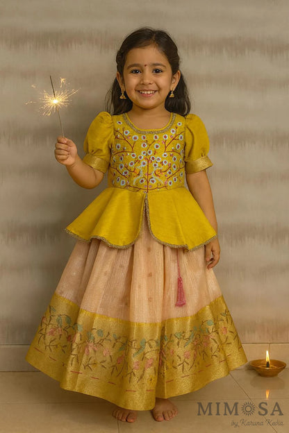 Zari Kota tissue Lehnga with Bambar silk peplum top with handwork and lined with cotton silk