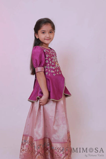 Zari Kota tissue Lehnga with Bambar silk peplum top with handwork and lined with cotton silk